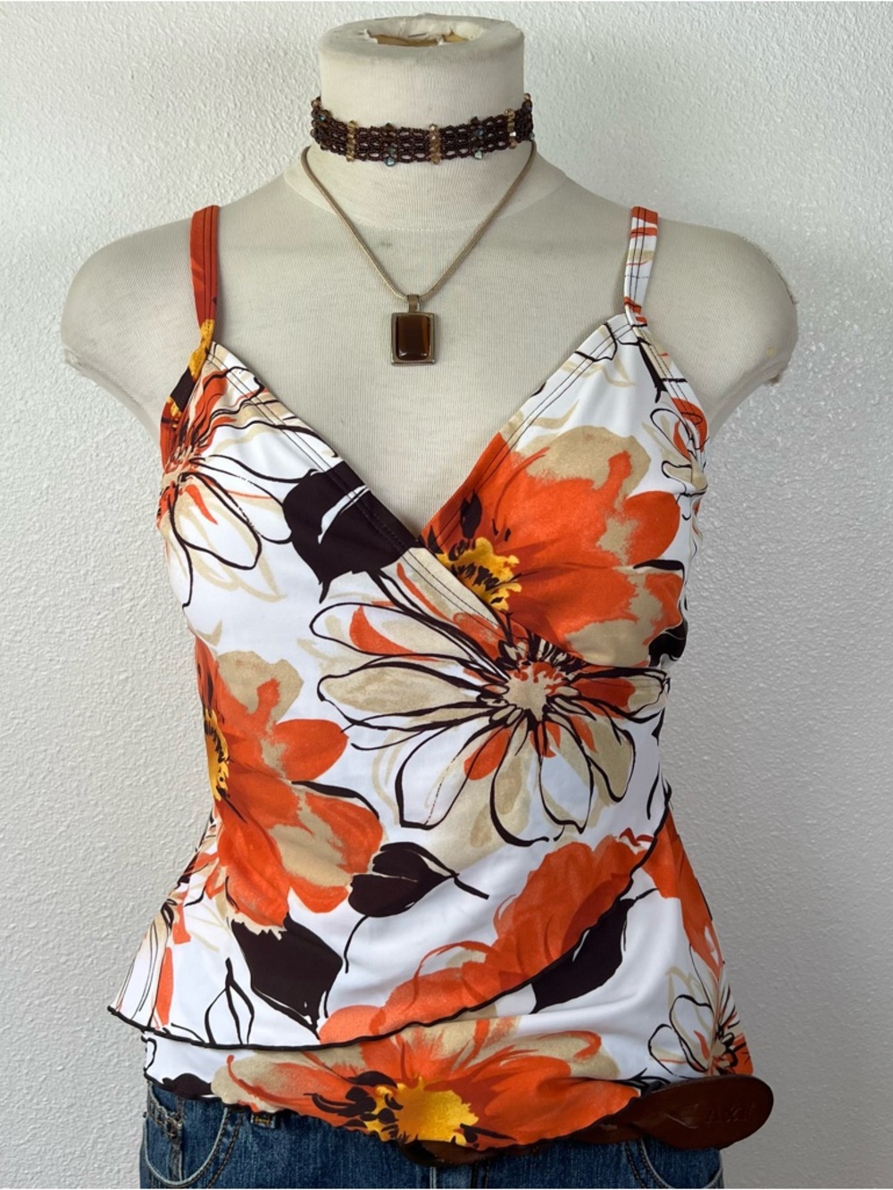 Floral Wrap-Front Spaghetti Swim Top - Orange & White